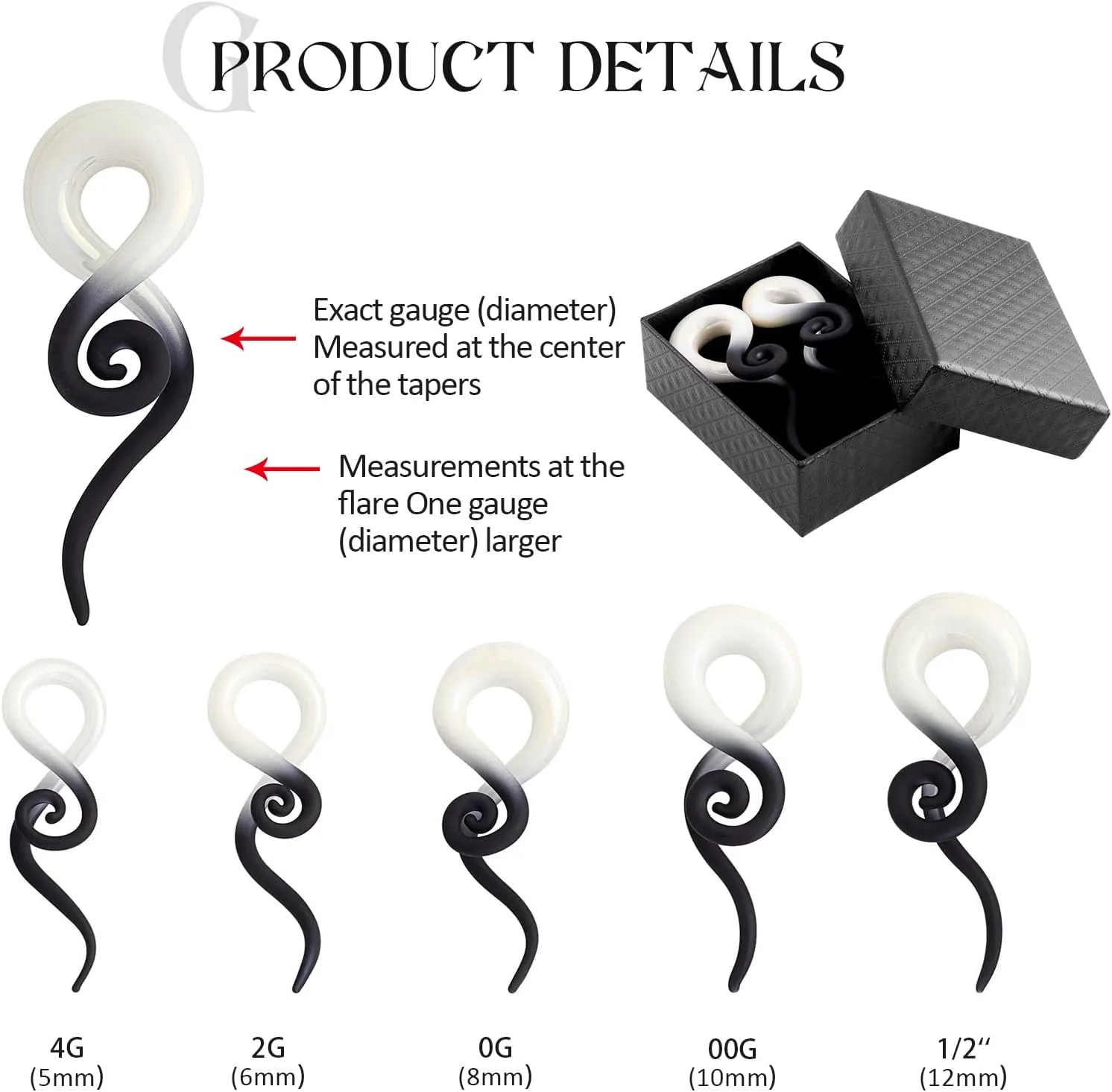 2PCS Glass Spiral Ear Tapers Plugs Expander Stretcher Hanger Twist Gauges Earrings Stretching Tunnels Body Piercing Jewelry for Women Men 4G-1/2" 5MM-12MM