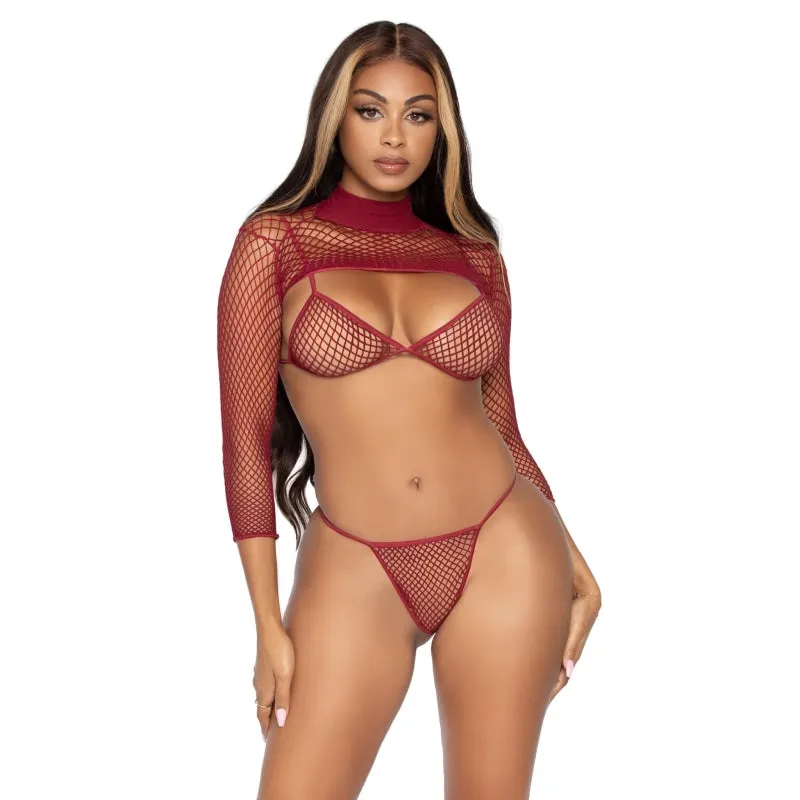 3 Pc Industrial Net Bikini Top G-String and Long  Sleeved Crop Top - One Size - Burgundy