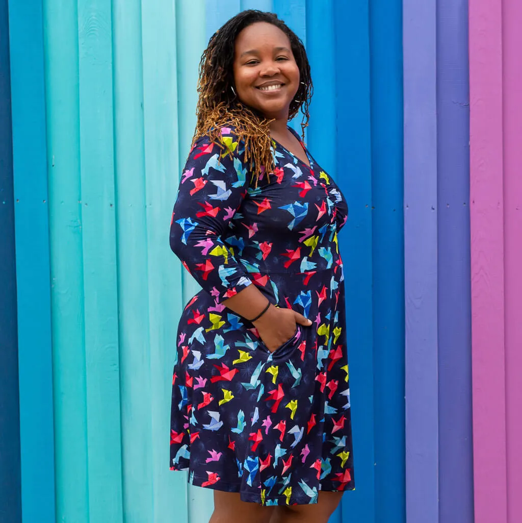 Adult "Flight of Fancy" Origami Birds V-Neck A-Line Dress with Sleeves and Pockets