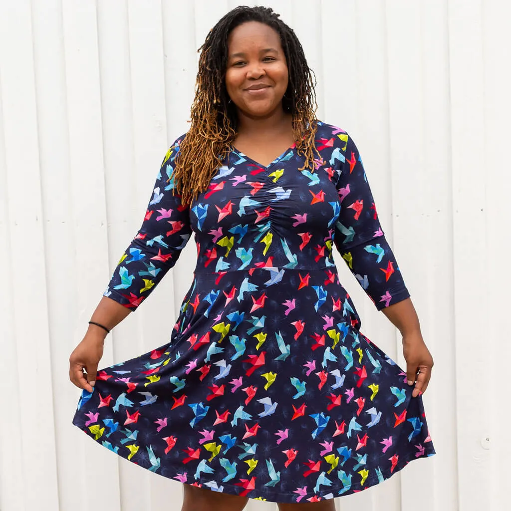 Adult "Flight of Fancy" Origami Birds V-Neck A-Line Dress with Sleeves and Pockets