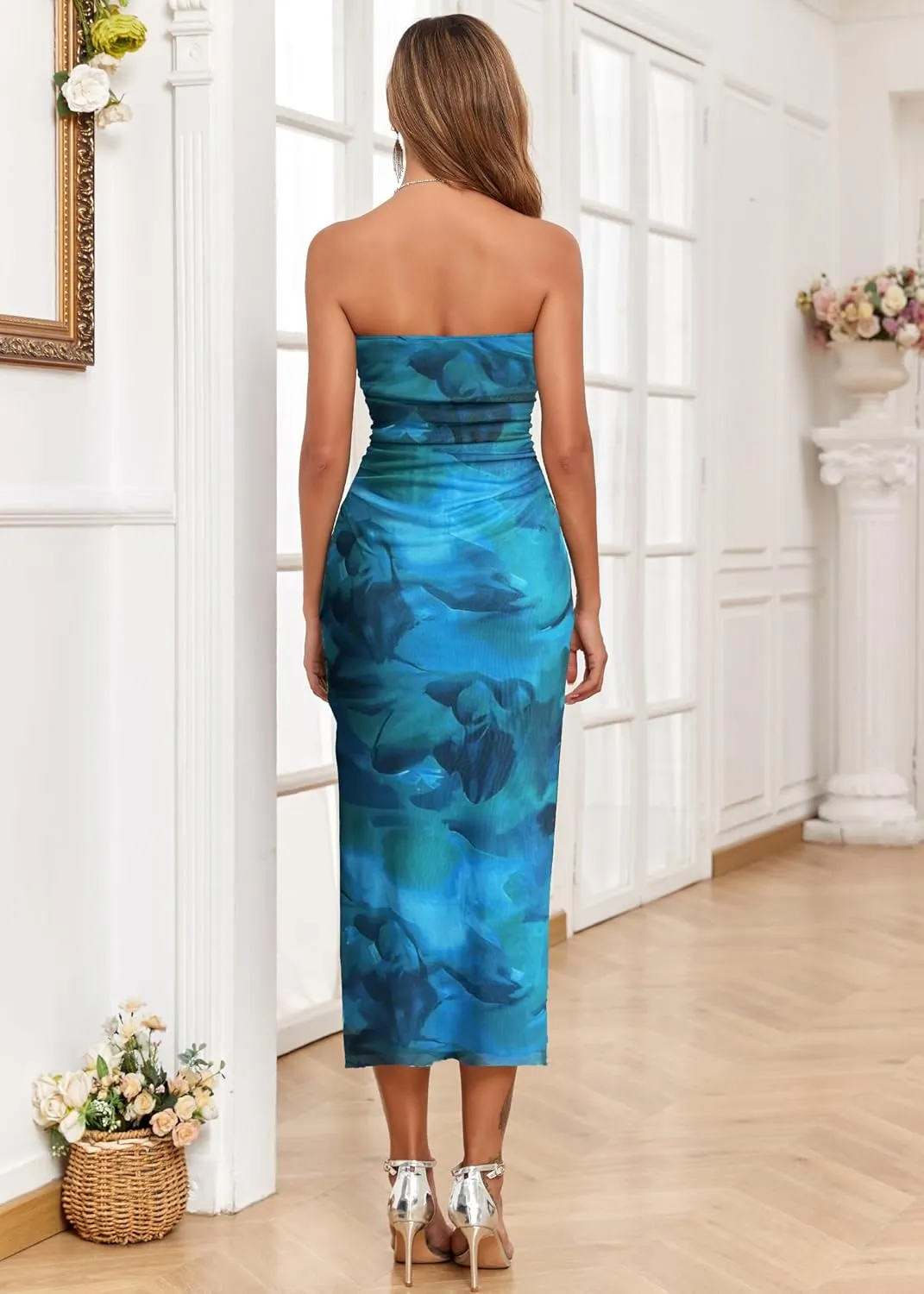 ALENDA DANMOS Womens Strapless Printed Midi Dress with Slit Floral Mesh Tube Top Dresses Ruched Bodycon Party Club Dress 333