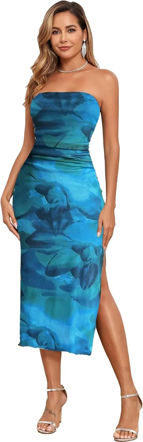 ALENDA DANMOS Womens Strapless Printed Midi Dress with Slit Floral Mesh Tube Top Dresses Ruched Bodycon Party Club Dress 333