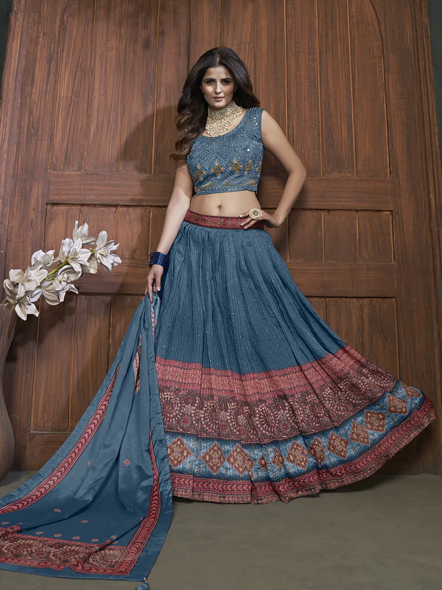 Aqua Blue Chinon Embroidered Designer Lehenga