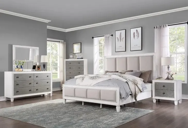 Branson California King Bed, Light Gray Linen, Rustic Gray & Weathered White Finish