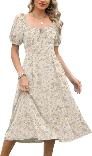 Caracilia Women Summer Boho Midi Dresses Puff Sleeve Square Neck Floral Bridal Shower Wedding Guest Flowy Sundress