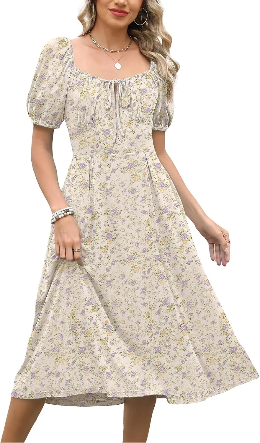 Caracilia Women Summer Boho Midi Dresses Puff Sleeve Square Neck Floral Bridal Shower Wedding Guest Flowy Sundress