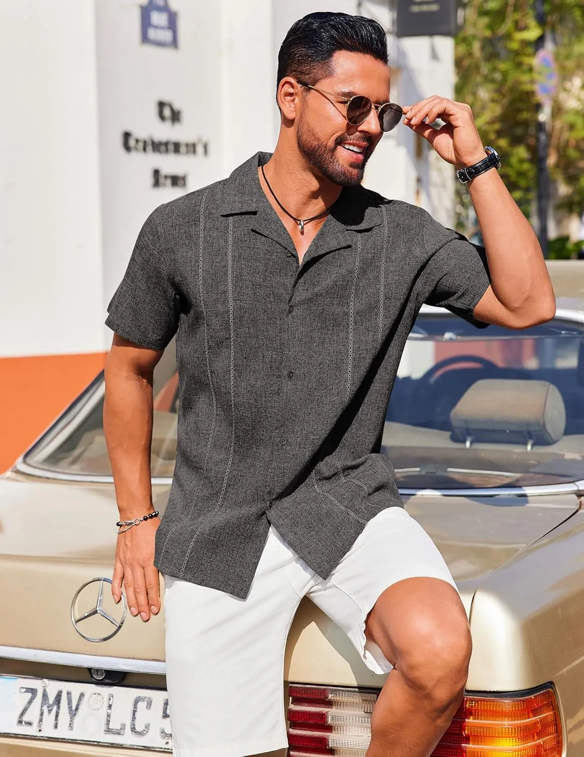 COOFANDY Guayabera Shirts for Men Cuban Short Sleeve Button Down Summer Shirts Linen Shirts
