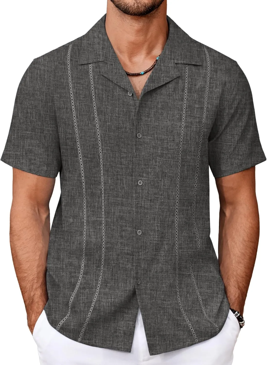 COOFANDY Guayabera Shirts for Men Cuban Short Sleeve Button Down Summer Shirts Linen Shirts