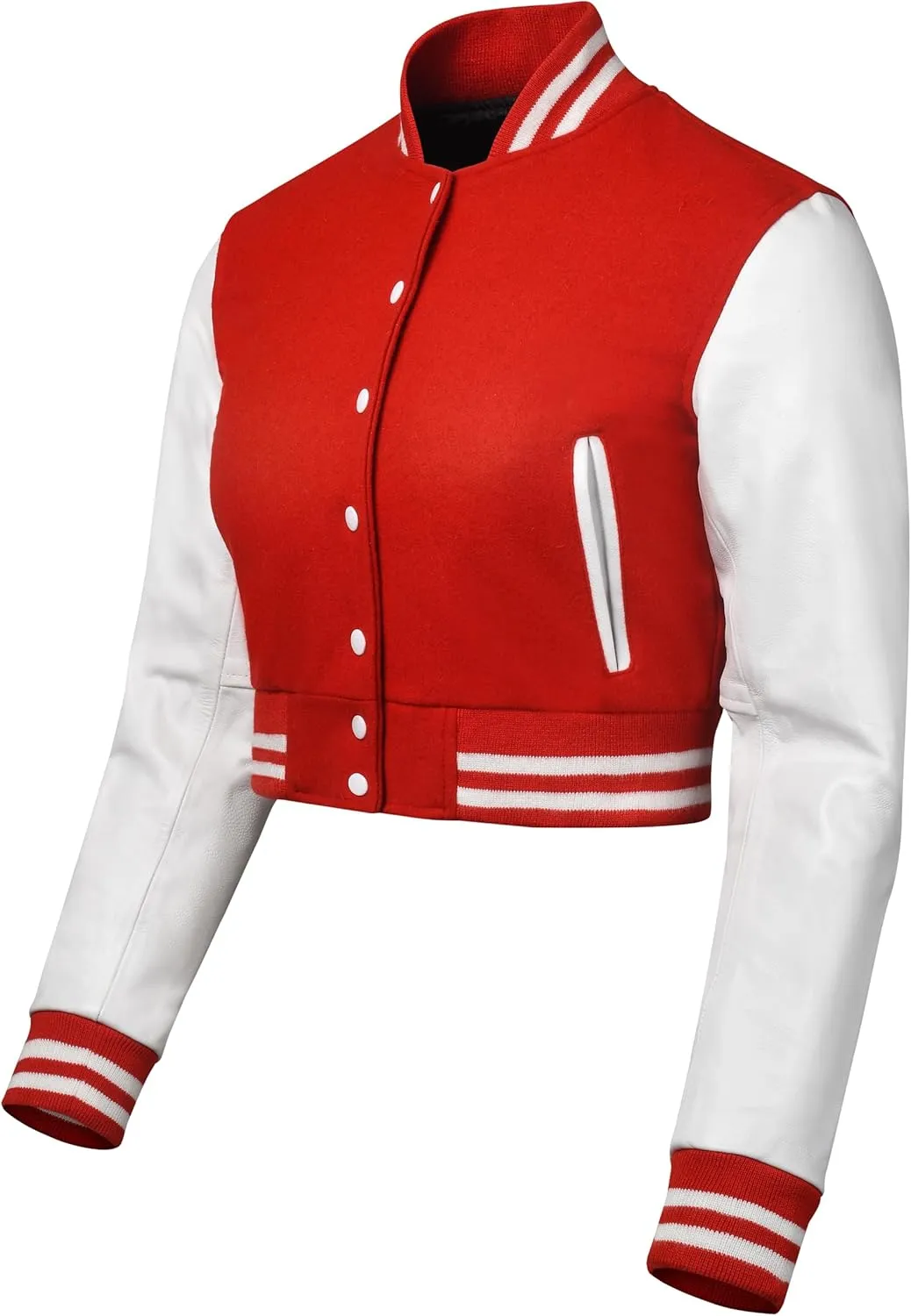 Cropped Varsity Jacket Women - Premium Quality Leather and Wool Baseball Letterman Jacket for Women's, Long Sleeve