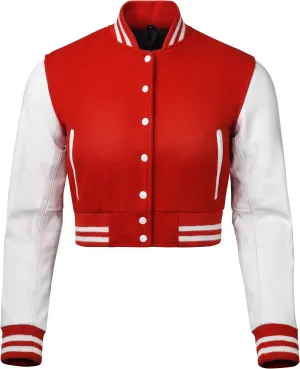 Cropped Varsity Jacket Women - Premium Quality Leather and Wool Baseball Letterman Jacket for Women's, Long Sleeve
