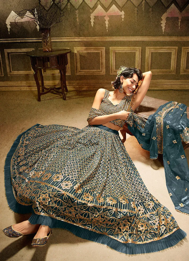 Deep Turquoise Sequence Embroidered Lehenga Choli
