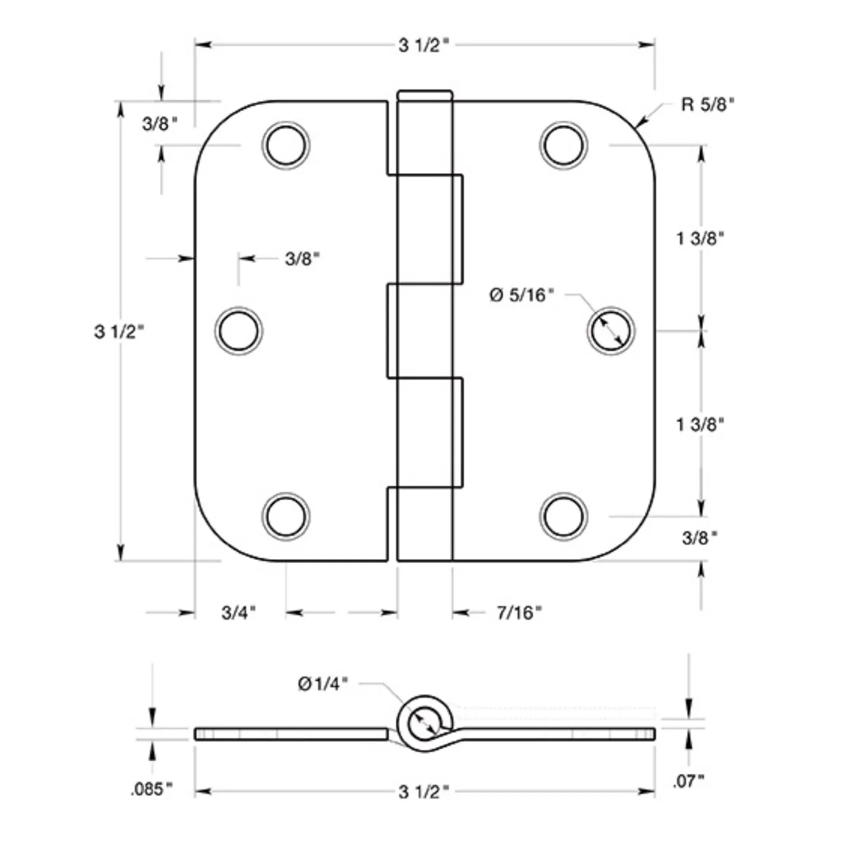 Door Hinge, Matte Black 3-1/2" with 5/8" Radius Corners