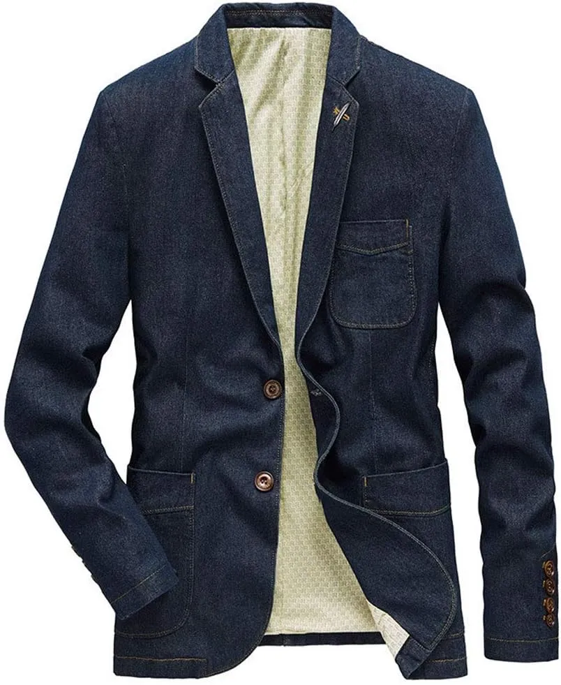 ebossy Men's Casual Slim Denim Blazer Two Button Business Suit Jacket Sport Coat
