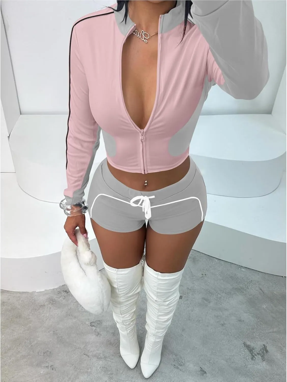 ECHOINE Workout Sets for Women Long Sleeve Color Block Zip Up Jacket High Waisted Shorts Set 2 Piece Outfits