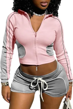 ECHOINE Workout Sets for Women Long Sleeve Color Block Zip Up Jacket High Waisted Shorts Set 2 Piece Outfits