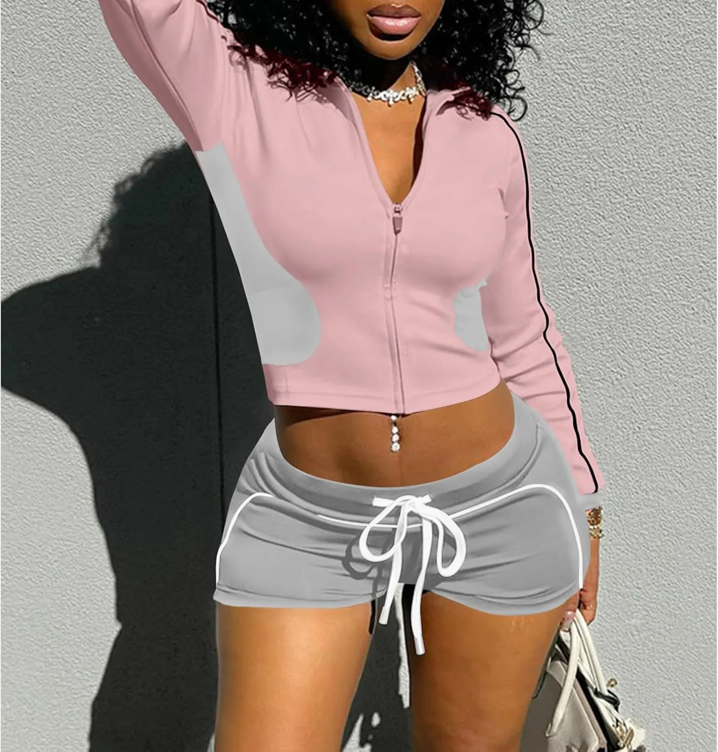 ECHOINE Workout Sets for Women Long Sleeve Color Block Zip Up Jacket High Waisted Shorts Set 2 Piece Outfits