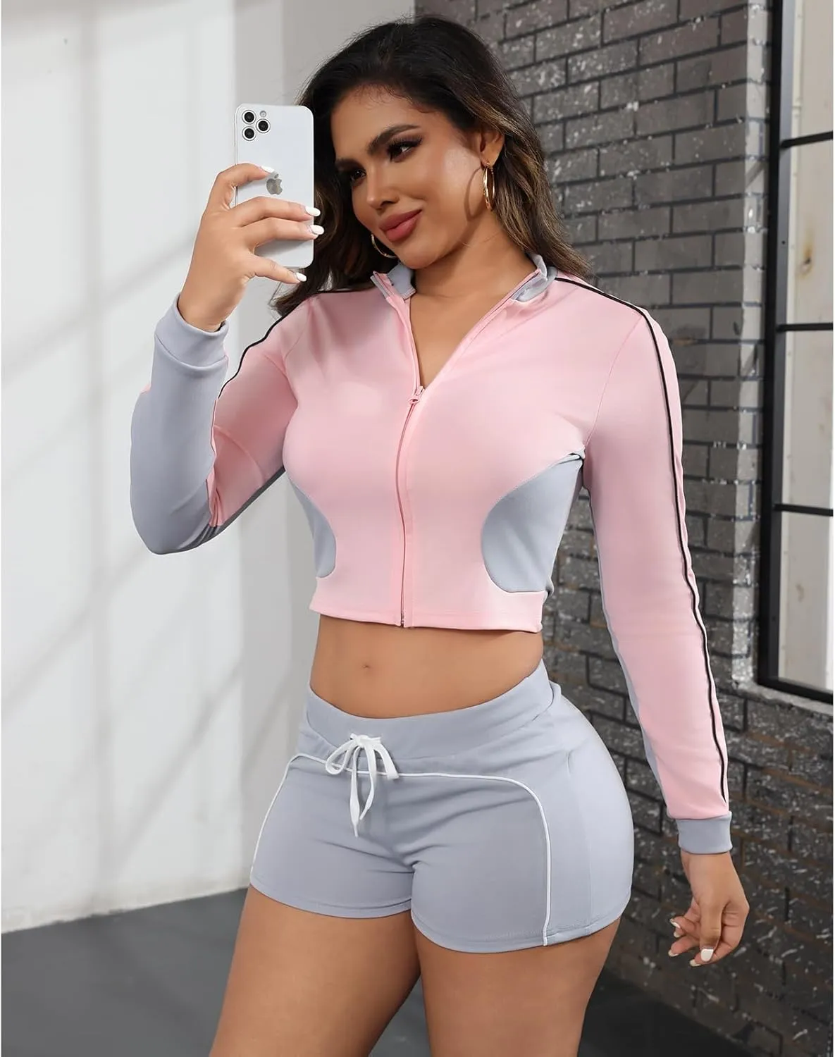 ECHOINE Workout Sets for Women Long Sleeve Color Block Zip Up Jacket High Waisted Shorts Set 2 Piece Outfits