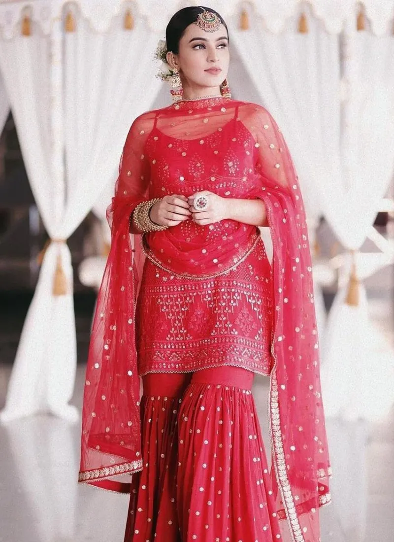 Elegant Thread & Sequence Embroidered Georgette Red Sharara Set