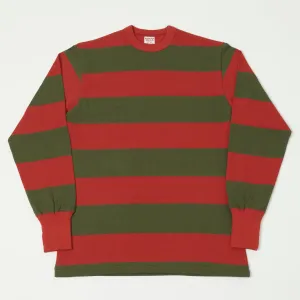 Freewheelers Horizontal Stripe Set-In Long Sleeve Tee - Red/Olive