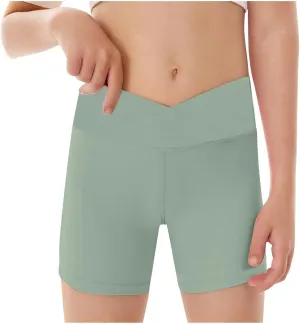Girl Yoga Shorts for Workout V Waise Crossover Athletics Spandex Compression Biker Shorts High Waisted Kid Running Short