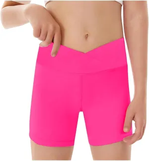 Girl Yoga Shorts for Workout V Waise Crossover Athletics Spandex Compression Biker Shorts High Waisted Kid Running Short