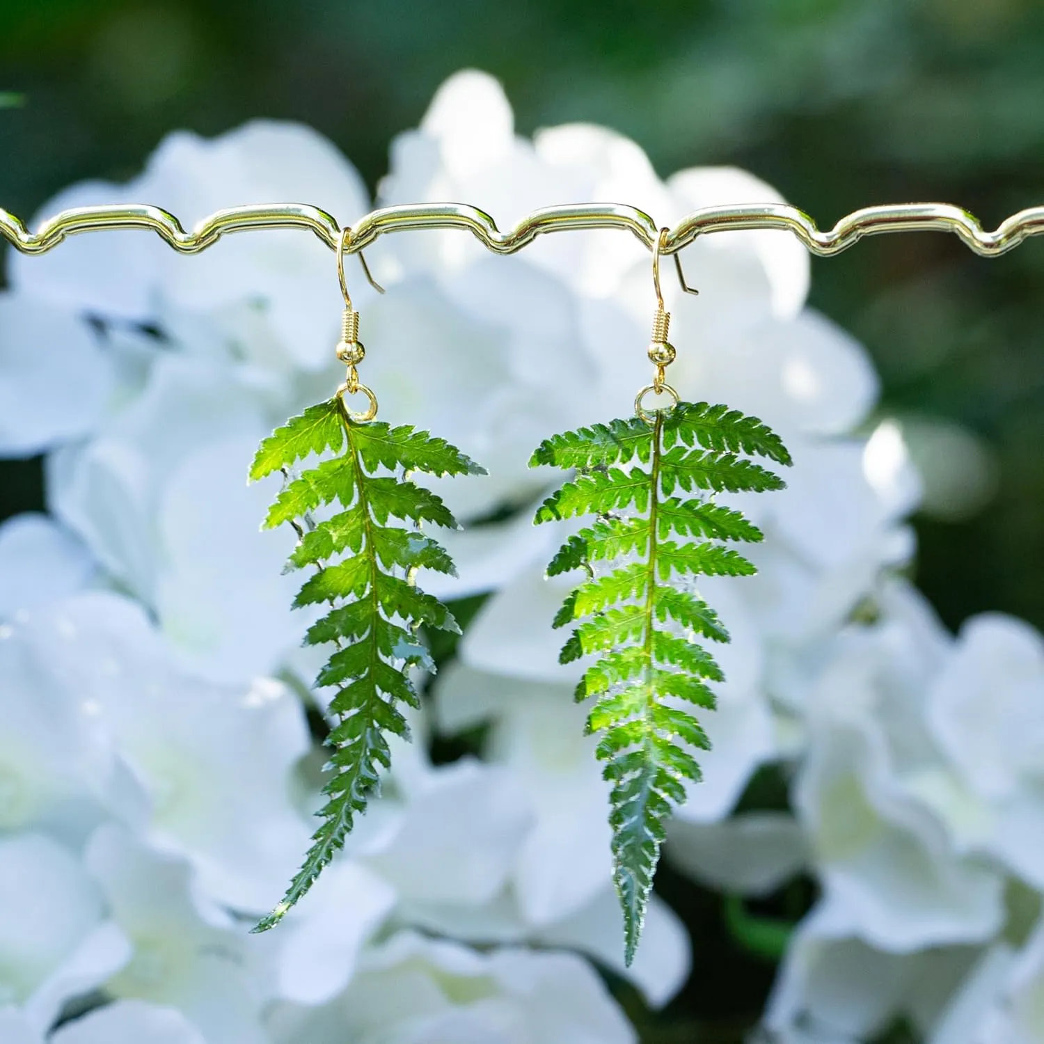 Handmade Real Fern Leaf Earrings, Green Pressed Leaf Natural Earrings, Dried Leaves Resin Jewelry, Birthday Gift (Gold Hooks)