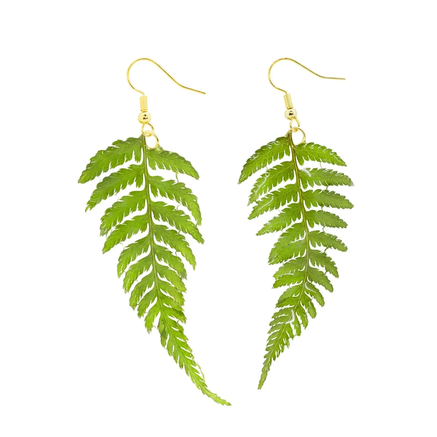 Handmade Real Fern Leaf Earrings, Green Pressed Leaf Natural Earrings, Dried Leaves Resin Jewelry, Birthday Gift (Gold Hooks)