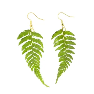 Handmade Real Fern Leaf Earrings, Green Pressed Leaf Natural Earrings, Dried Leaves Resin Jewelry, Birthday Gift (Gold Hooks)