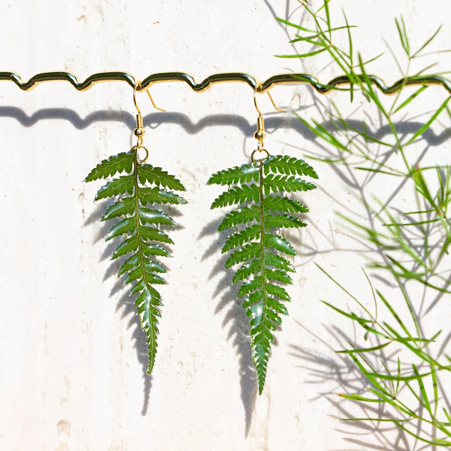 Handmade Real Fern Leaf Earrings, Green Pressed Leaf Natural Earrings, Dried Leaves Resin Jewelry, Birthday Gift (Gold Hooks)