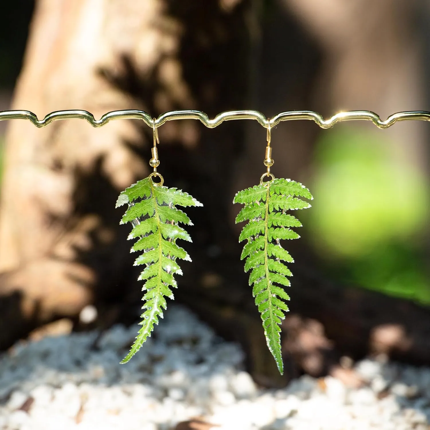 Handmade Real Fern Leaf Earrings, Green Pressed Leaf Natural Earrings, Dried Leaves Resin Jewelry, Birthday Gift (Gold Hooks)