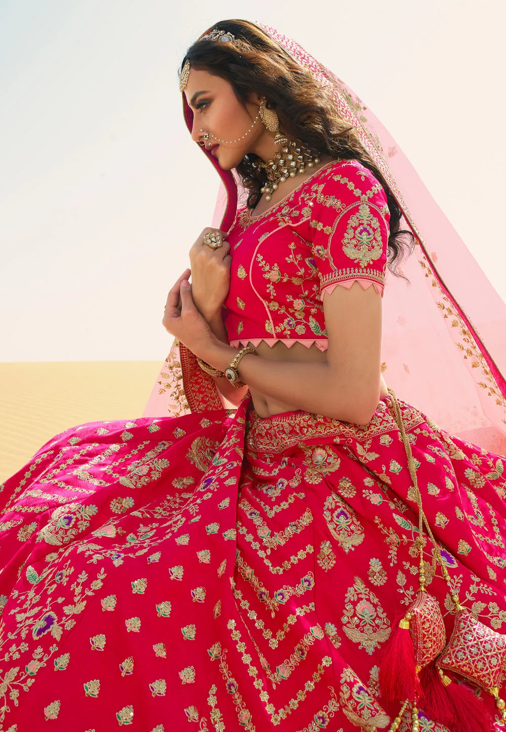 Hot Pink Embroidered Wedding Lehenga Choli