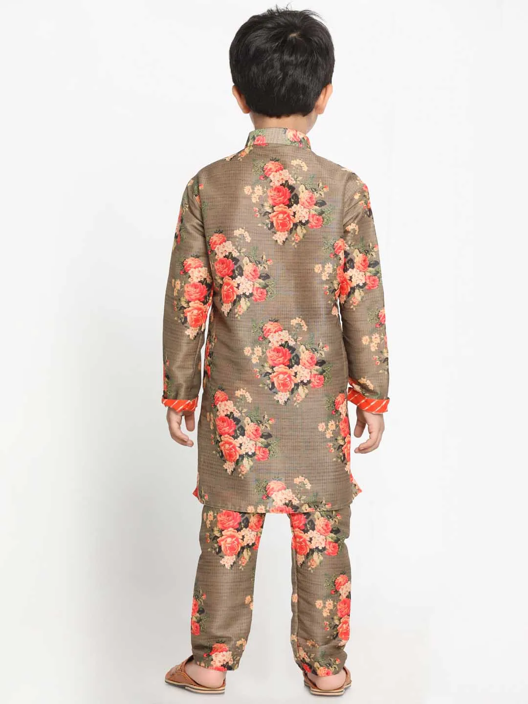 Jashvi Boys Floral Printed Beige Kurta Pyjama Set With Laharia Border