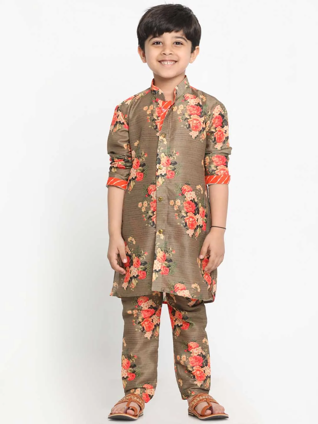 Jashvi Boys Floral Printed Beige Kurta Pyjama Set With Laharia Border