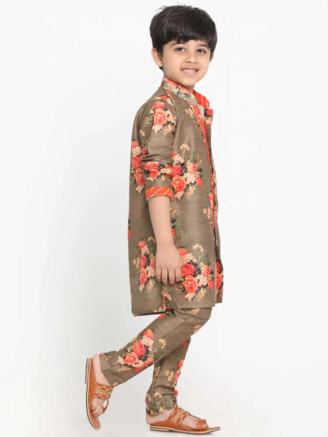 Jashvi Boys Floral Printed Beige Kurta Pyjama Set With Laharia Border