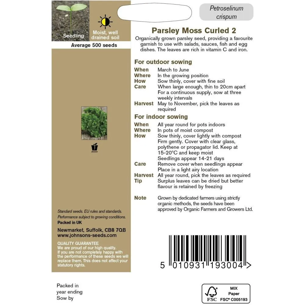 Johnson's Organic Parsley Moss Curled 2 Herb Seeds