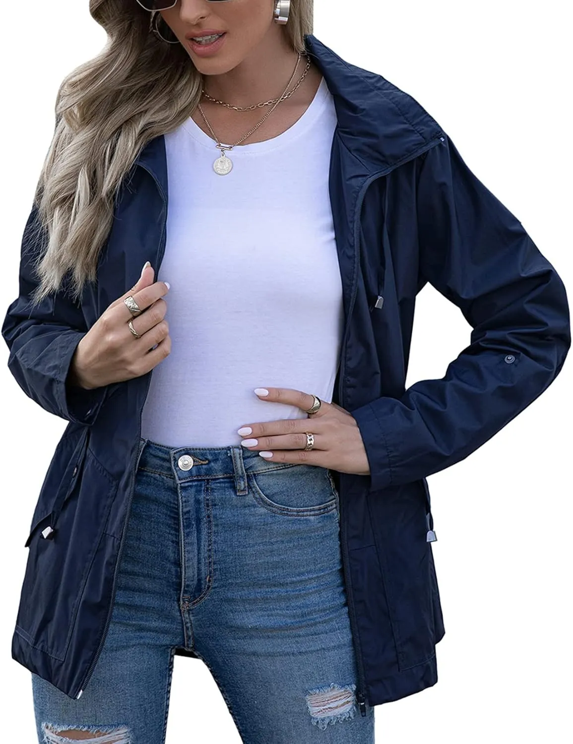 Lu's Chic Women's Rain Jackets Anorak Waterproof Casual Military Utility Outdoor Fall Hood