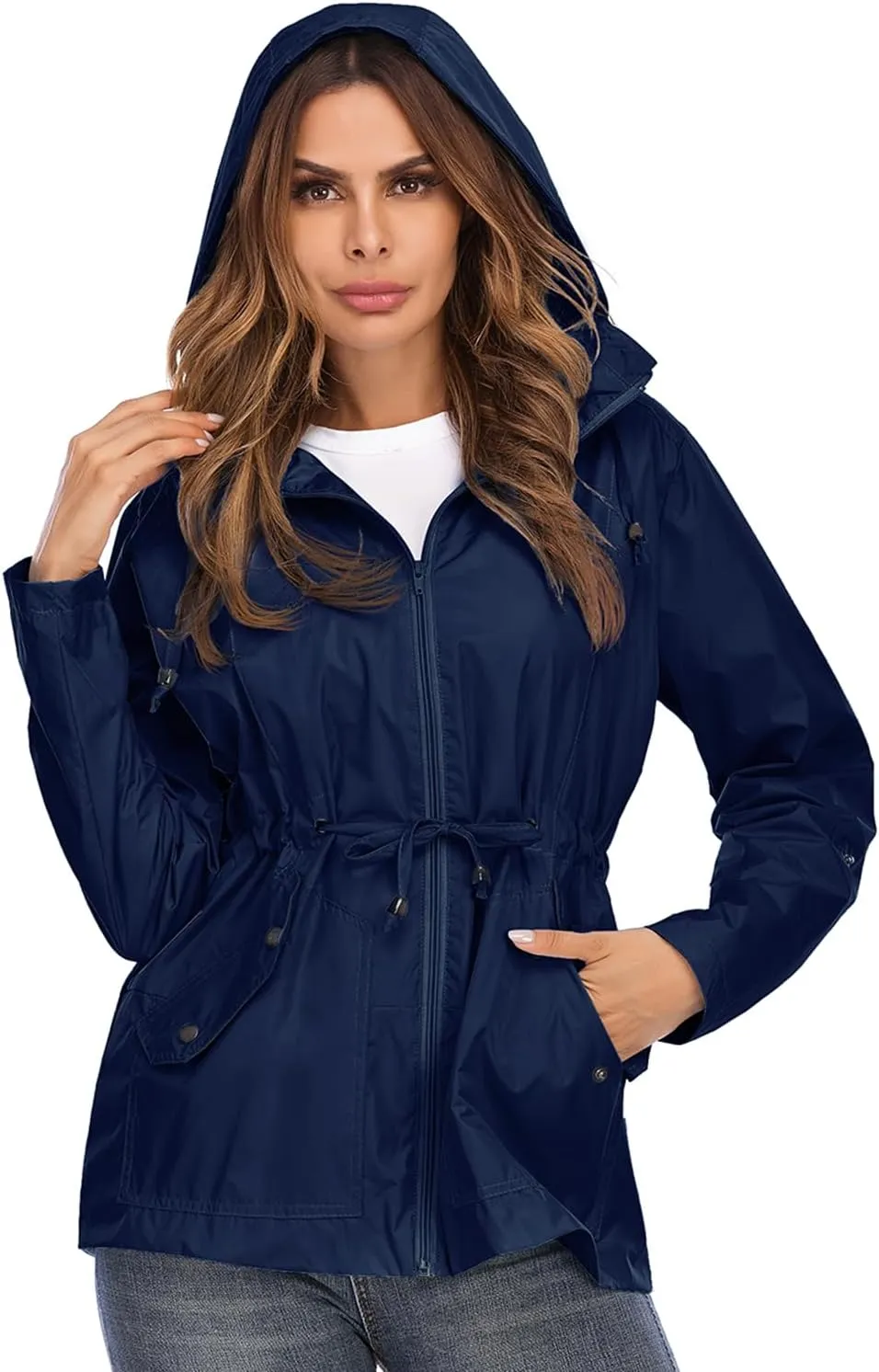 Lu's Chic Women's Rain Jackets Anorak Waterproof Casual Military Utility Outdoor Fall Hood