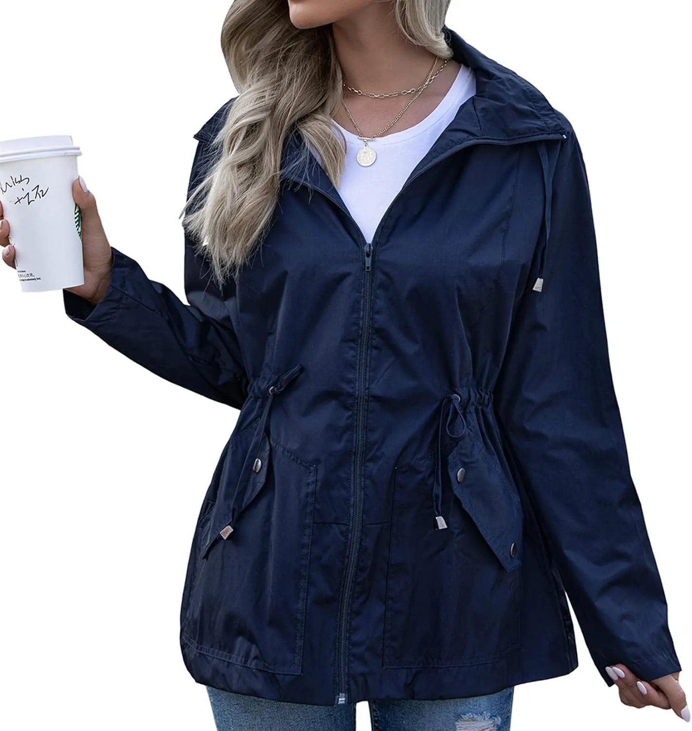 Lu's Chic Women's Rain Jackets Anorak Waterproof Casual Military Utility Outdoor Fall Hood