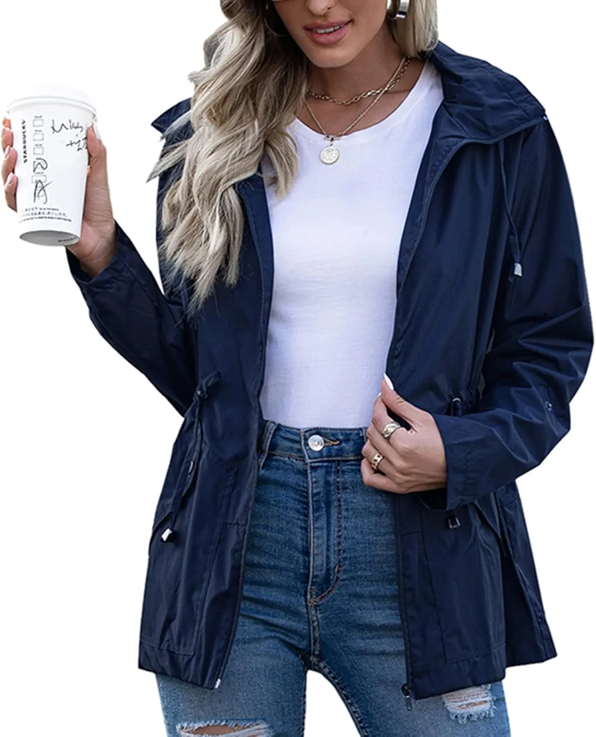 Lu's Chic Women's Rain Jackets Anorak Waterproof Casual Military Utility Outdoor Fall Hood