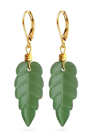 Natural Jade Leaf Dangle Earrings,14K Yellow Gold Dainty Gemstone Drop Earrings,Genuine Green Quartz Crystal Statement Earrings for Women (Jade_A01)