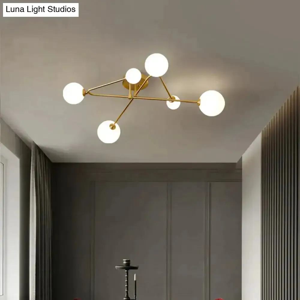 Opaline Glass Semi-Mount Ceiling Lamp in Gold for Living Room