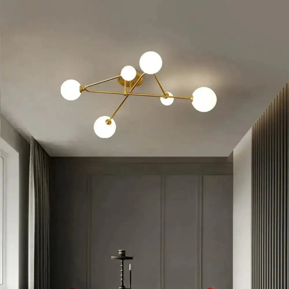 Opaline Glass Semi-Mount Ceiling Lamp in Gold for Living Room