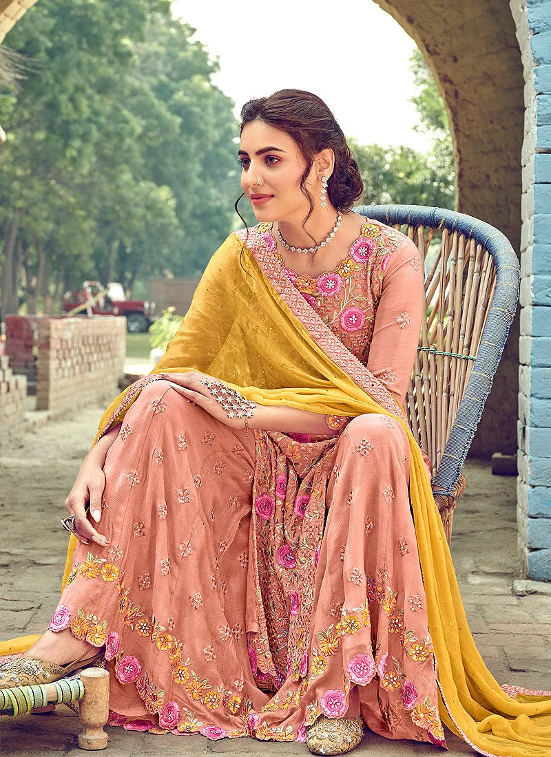 Peach And Yellow Embroidered Gharara Suit