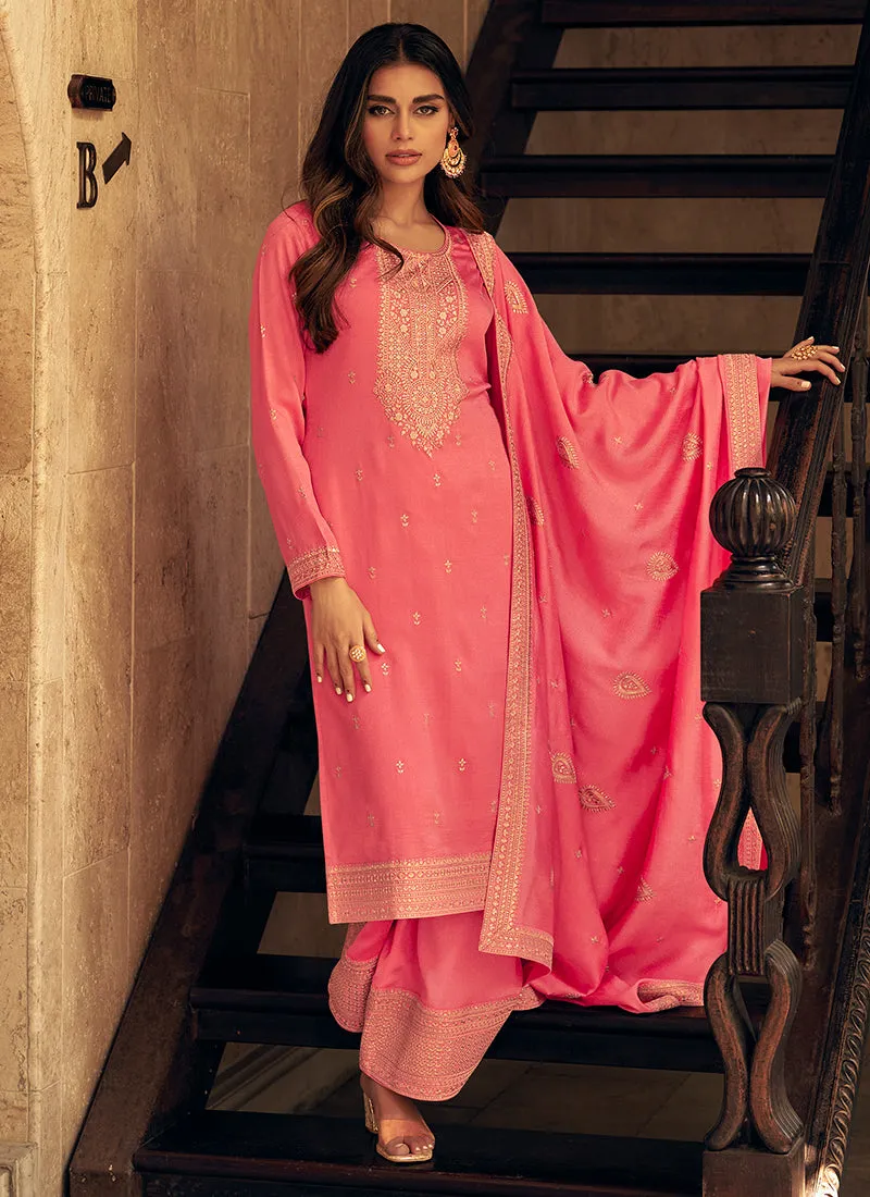 Peach Sequence Embroidery Silk Palazzo Suit