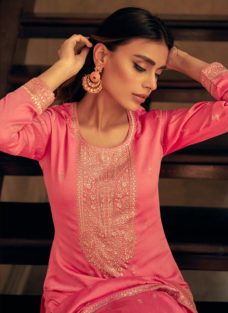 Peach Sequence Embroidery Silk Palazzo Suit