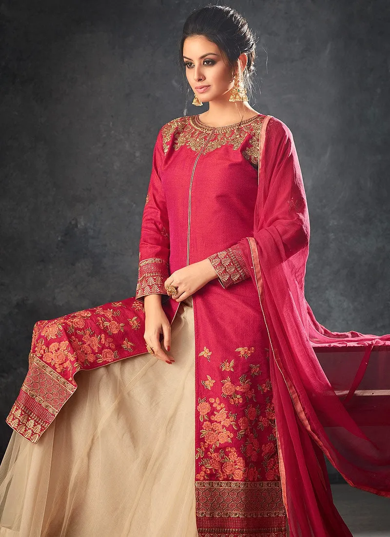 Pink Crush With Beige Minimalist Embroidered Lehenga Kurti Set
