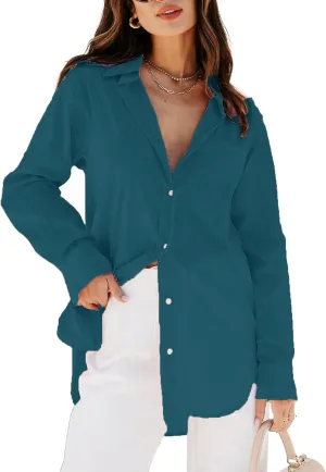 siliteelon Womens Button Down Shirts Dress Shirts Long Sleeve Blouses V Neck Solid Casual Tunics Tops with Pockets