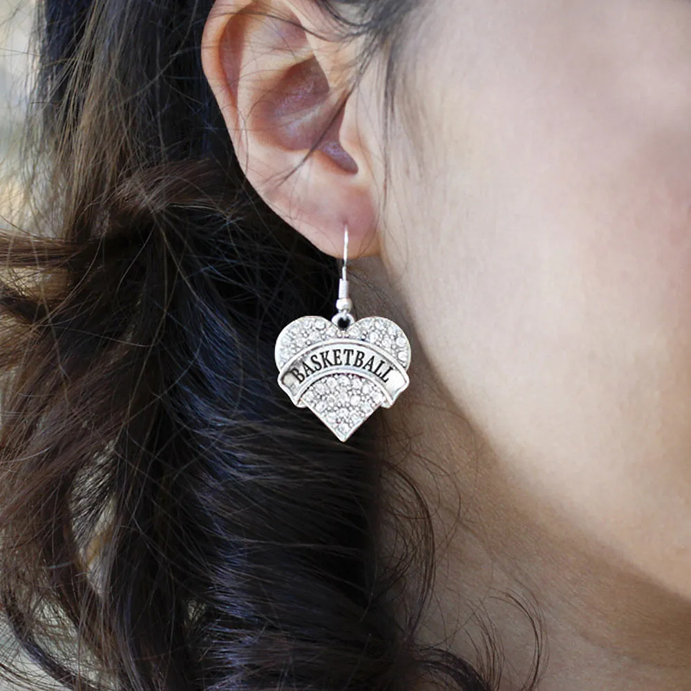 Silver Basketball Pave Heart Charm Dangle Earrings