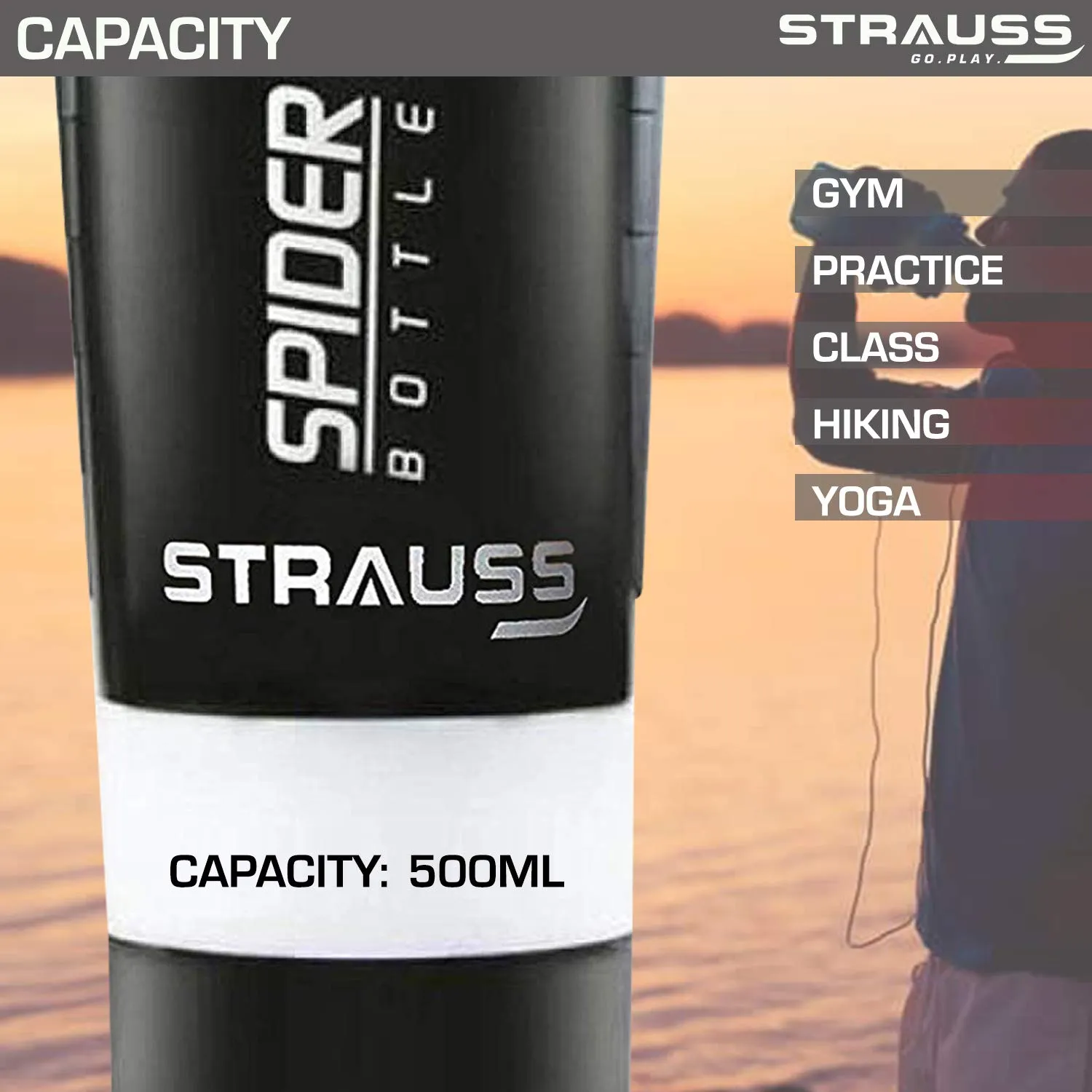 STRAUSS Spider Gym Shaker Bottle | Shakers for Protein Shake with 2 Storage Compartment | Leakproof Gym Protein Shaker for Post and Pre-Workout Drink | 100% BPA Free (500 ML, Pack of 1,White)
