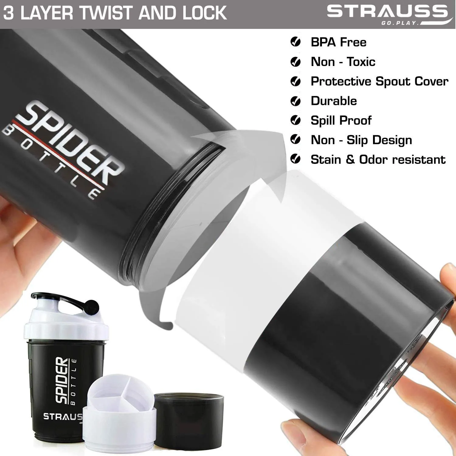 STRAUSS Spider Gym Shaker Bottle | Shakers for Protein Shake with 2 Storage Compartment | Leakproof Gym Protein Shaker for Post and Pre-Workout Drink | 100% BPA Free (500 ML, Pack of 1,White)